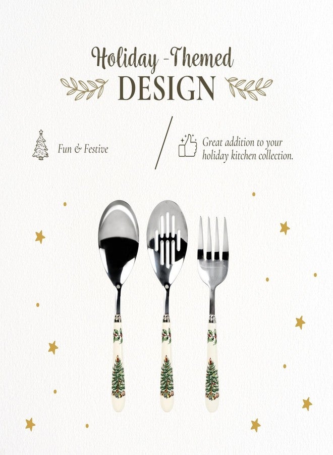 Spode Christmas Tree 3-Piece Stainless Steel Cutlery Set - Porcelain Handle Flatware with Meat Fork, Serving Spoon, & Slotted Spoon - Holiday Silverware for Christmas Dinners & Seasonal Gatherings - Image 3
