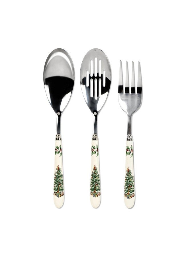 Spode Christmas Tree 3-Piece Stainless Steel Cutlery Set - Porcelain Handle Flatware with Meat Fork, Serving Spoon, & Slotted Spoon - Holiday Silverware for Christmas Dinners & Seasonal Gatherings - Image 1