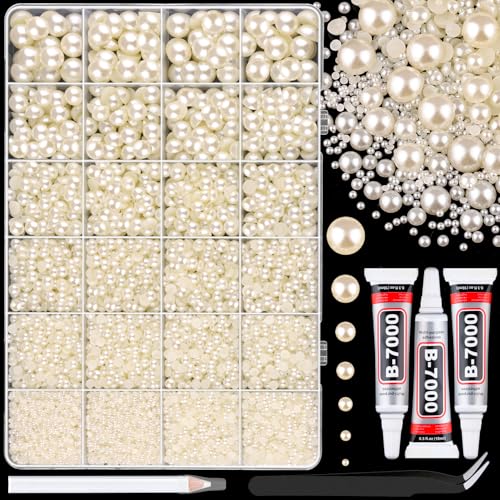 TINKRSTUFF 11000Pcs Flatback Pearls for Crafting (Ivory White/Beige), Assorted Size 2/3/4/5/6/8/10mm Half Pearl with 3Pcs 10ml B7000 Jewelry Glue, Bedazzling Bead for DIY Crafts Clothing Tumblers Shoes Nail Art - Image 1