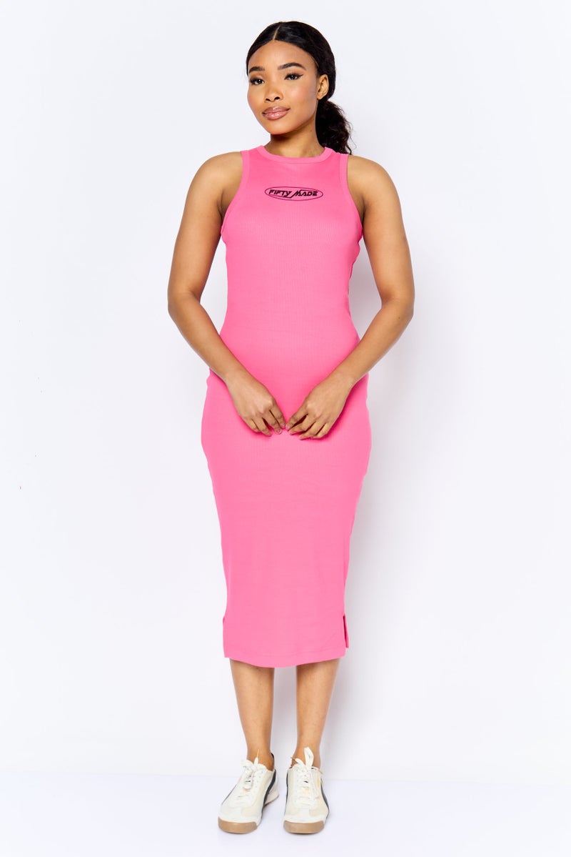 Fifty Made Women Brand Logo Midi Dress, Dark Pink - Image 1