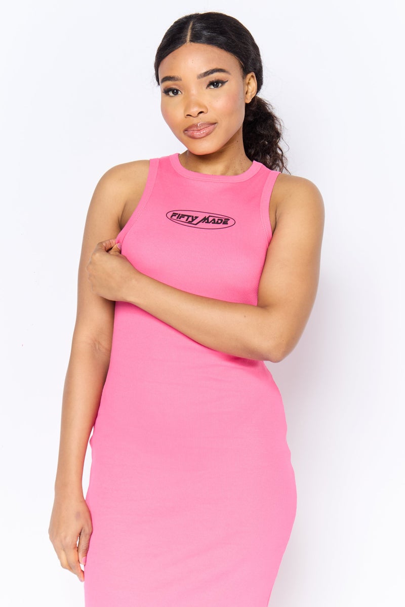 Fifty Made Women Brand Logo Midi Dress, Dark Pink - Image 2