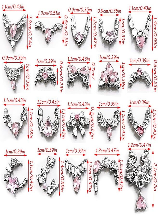 Dornail 20Pcs Luxury Silver Nail Charms Y2K Alloy Metal Pink Rhinestones Nail Art Charms Cute Bow French V-Line Crystal Charm Nails Design Decorations for Women Girl DIY Manicure Nails Supplies Accessories - Image 2