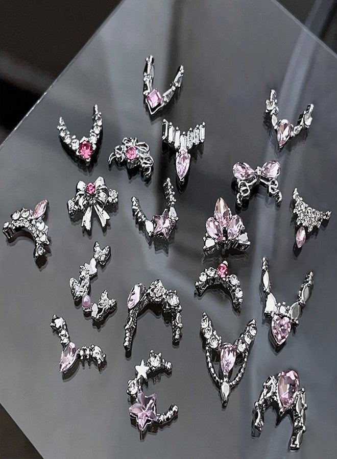 Dornail 20Pcs Luxury Silver Nail Charms Y2K Alloy Metal Pink Rhinestones Nail Art Charms Cute Bow French V-Line Crystal Charm Nails Design Decorations for Women Girl DIY Manicure Nails Supplies Accessories - Image 3