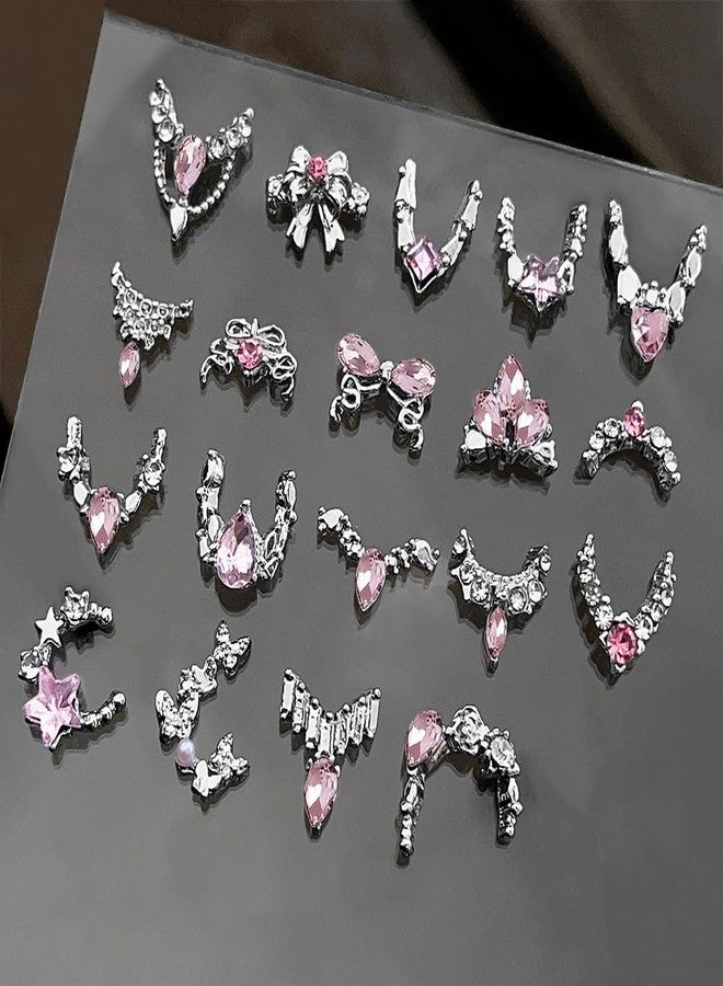 Dornail 20Pcs Luxury Silver Nail Charms Y2K Alloy Metal Pink Rhinestones Nail Art Charms Cute Bow French V-Line Crystal Charm Nails Design Decorations for Women Girl DIY Manicure Nails Supplies Accessories - Image 4