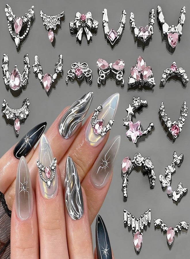 Dornail 20Pcs Luxury Silver Nail Charms Y2K Alloy Metal Pink Rhinestones Nail Art Charms Cute Bow French V-Line Crystal Charm Nails Design Decorations for Women Girl DIY Manicure Nails Supplies Accessories - Image 1