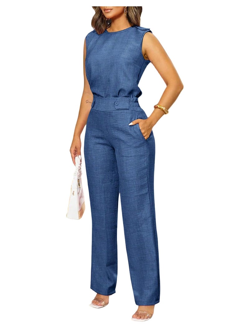Floerns Women's 2 Piece Outfit Crew Neck Sleeveless Blouse and Dressy Pants Set Blue Medium - Image 1