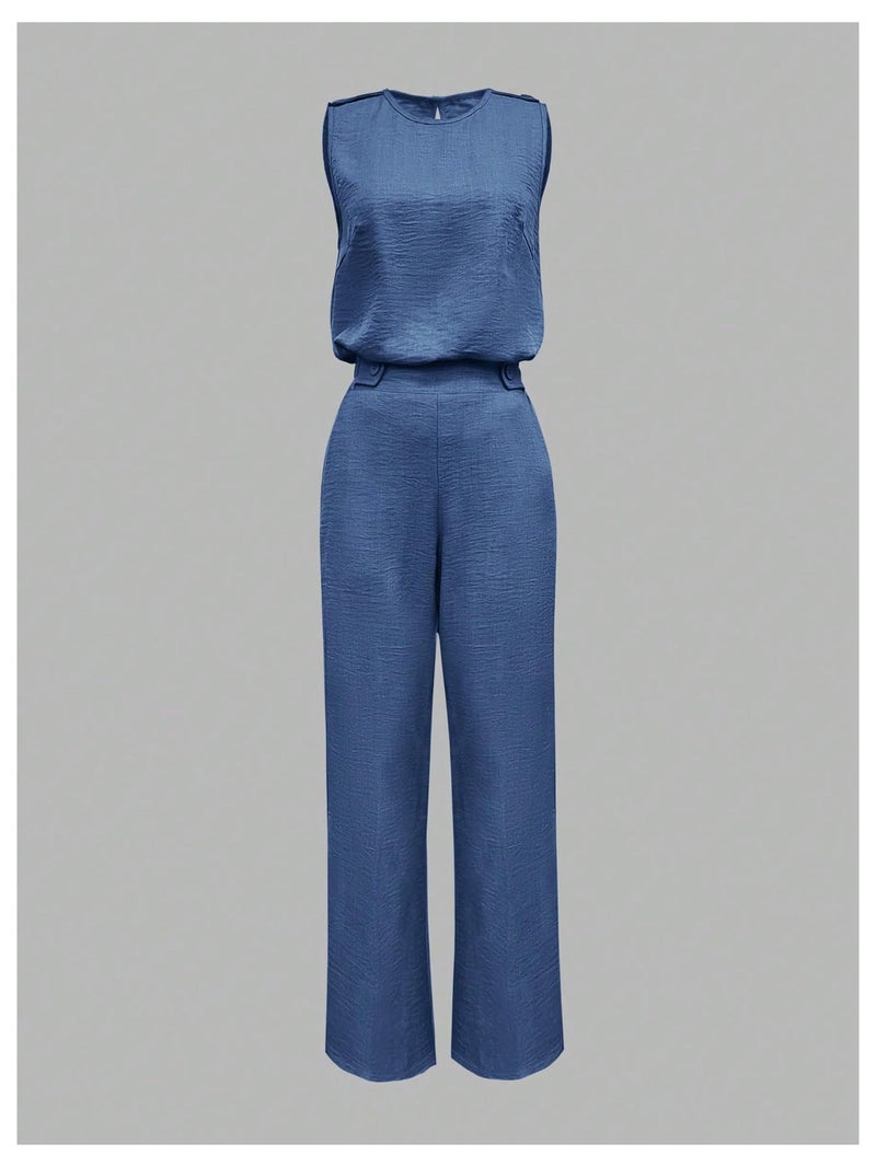 Floerns Women's 2 Piece Outfit Crew Neck Sleeveless Blouse and Dressy Pants Set Blue Medium - Image 3