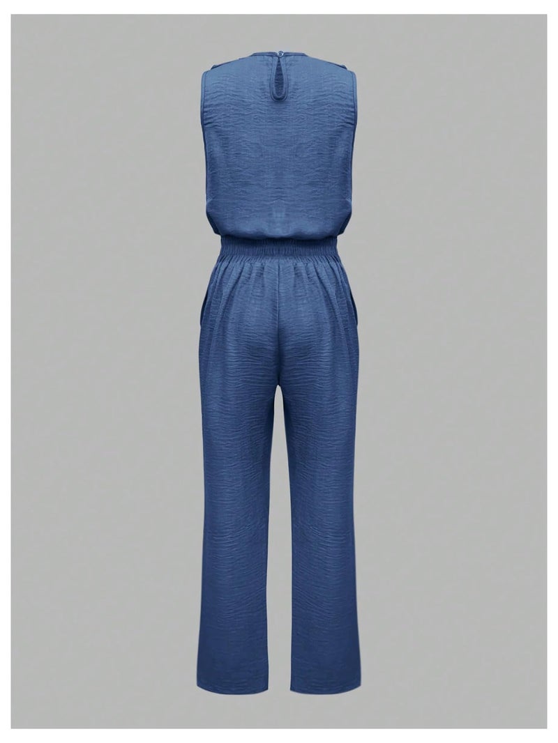Floerns Women's 2 Piece Outfit Crew Neck Sleeveless Blouse and Dressy Pants Set Blue Medium - Image 4