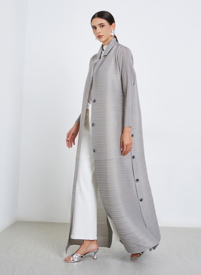 Take Two Solid Textured Pleated Belted Button Front Detail Long Sleeve Abaya - Image 1