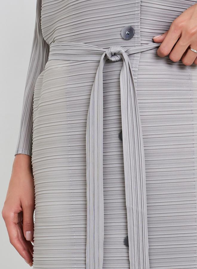 Take Two Solid Textured Pleated Belted Button Front Detail Long Sleeve Abaya - Image 4