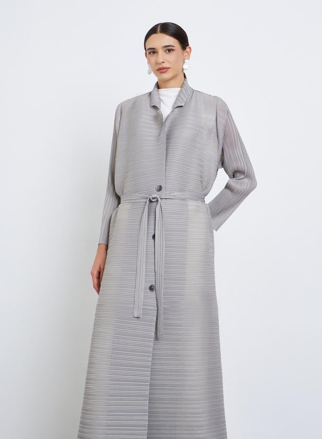 Take Two Solid Textured Pleated Belted Button Front Detail Long Sleeve Abaya - Image 3