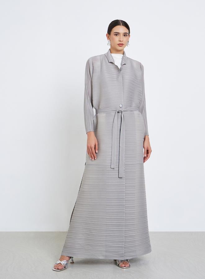 Take Two Solid Textured Pleated Belted Button Front Detail Long Sleeve Abaya - Image 2