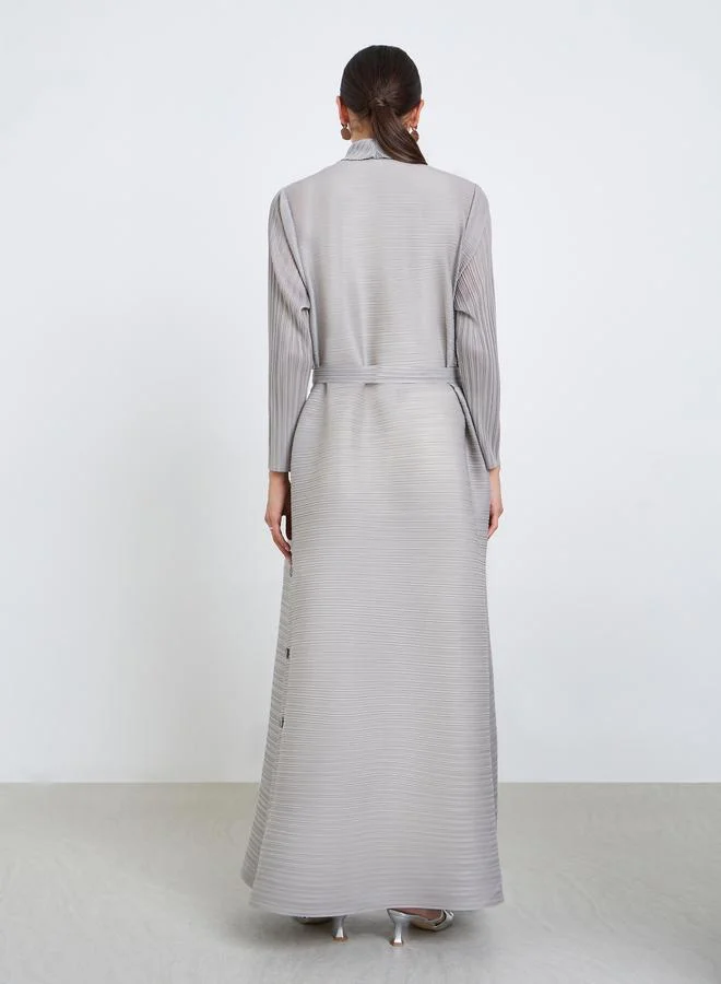 Take Two  Solid Textured Pleated Belted Button Front Detail Long Sleeve Abaya for Women | Best Price UAE