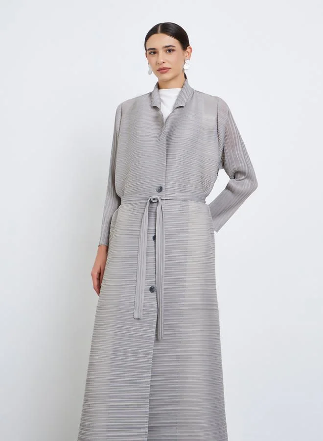Take Two  Solid Textured Pleated Belted Button Front Detail Long Sleeve Abaya for Women | Best Price UAE