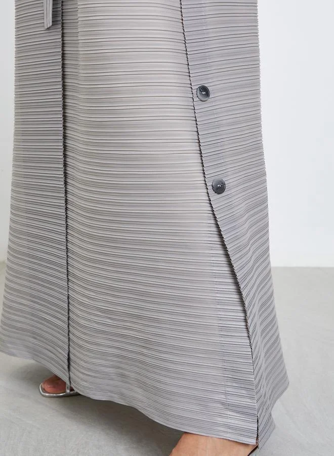 Take Two  Solid Textured Pleated Belted Button Front Detail Long Sleeve Abaya for Women | Best Price UAE