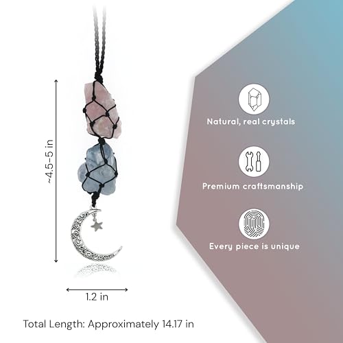 BOHO GARDEN Hanging Car Charm - Rose Quartz, Blue Calcite - Dangling Moon & Healing Crystal Accessories, Rearview Mirror Decorations - Love, Connection, Self-Worth, Calmness, Communication, Creativity - Image 3