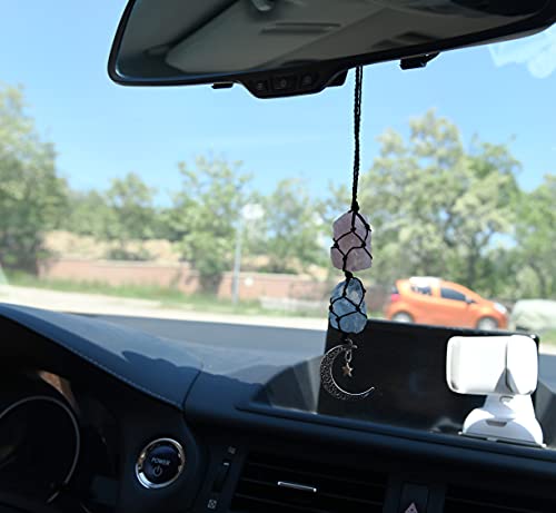 BOHO GARDEN Hanging Car Charm - Rose Quartz, Blue Calcite - Dangling Moon & Healing Crystal Accessories, Rearview Mirror Decorations - Love, Connection, Self-Worth, Calmness, Communication, Creativity - Image 4