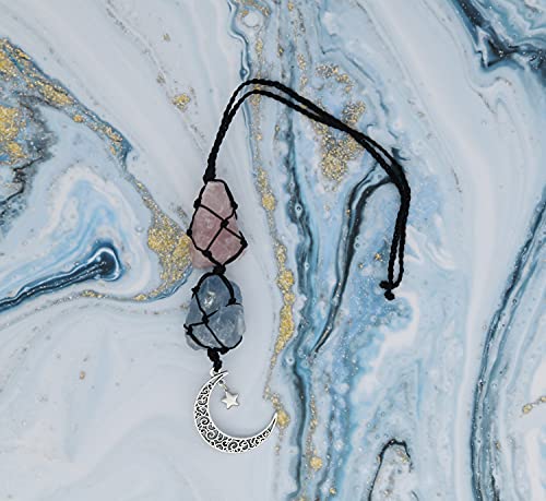 BOHO GARDEN Hanging Car Charm - Rose Quartz, Blue Calcite - Dangling Moon & Healing Crystal Accessories, Rearview Mirror Decorations - Love, Connection, Self-Worth, Calmness, Communication, Creativity - Image 5