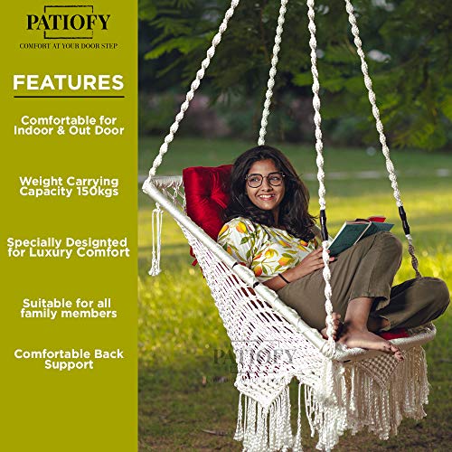 Patiofy Made in India Premium Square Shape Hanging Swing Chair Swing with Cushion and Accessories for Indoor and Outdoor/Swing for Adults for Home/ 150 Kg Capacity (White) - Image 3
