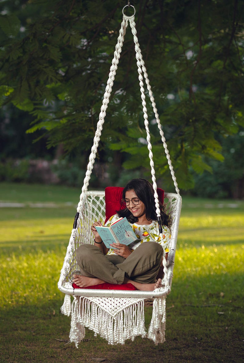 Patiofy Made in India Premium Square Shape Hanging Swing Chair Swing with Cushion and Accessories for Indoor and Outdoor/Swing for Adults for Home/ 150 Kg Capacity (White) - Image 2