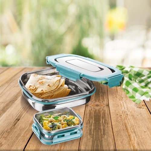 Joyo Stainless Steel Daily (Small) Tiffin Lunch Box Container 4 Side Clip Lock Lid for Office & School Use/Food Grade/Air Tight - Aqua Green,590 ML - Image 2
