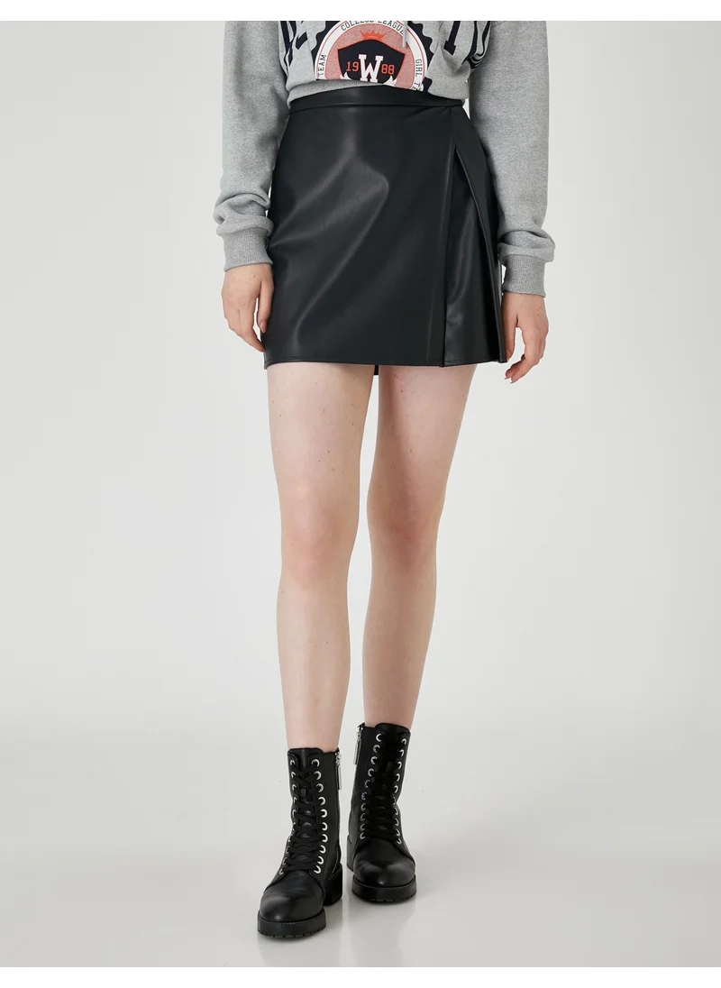 KOTON Cotton Leather Look Mini Skirt Pleated