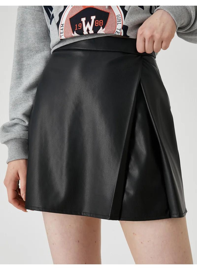 KOTON Cotton Leather Look Mini Skirt Pleated