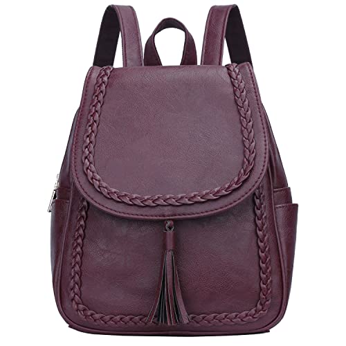 KKXIU Fashion Small Synthetic Leather Backpack Purse For Women and Ladies with Tassel (Wine) - Image 1