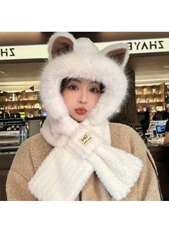 Generic Hat Womens Winter Cute Fox Ears Plush Scarf One-piece Warm Thickened Neck Cold-proof Two-piece Set Off-white  - Image 2