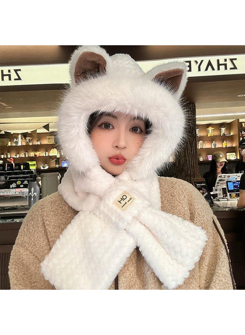 Generic - Hat Womens Winter Cute Fox Ears Plush Scarf One-piece Warm Thickened Neck Cold-proof Two-piece Set Off-white - Image 1
