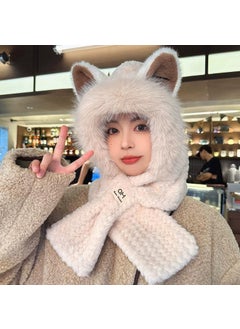 Generic Hat Womens Winter Cute Fox Ears Plush Scarf One-piece Warm Thickened Neck Cold-proof Two-piece Set Off-white  - Image 1