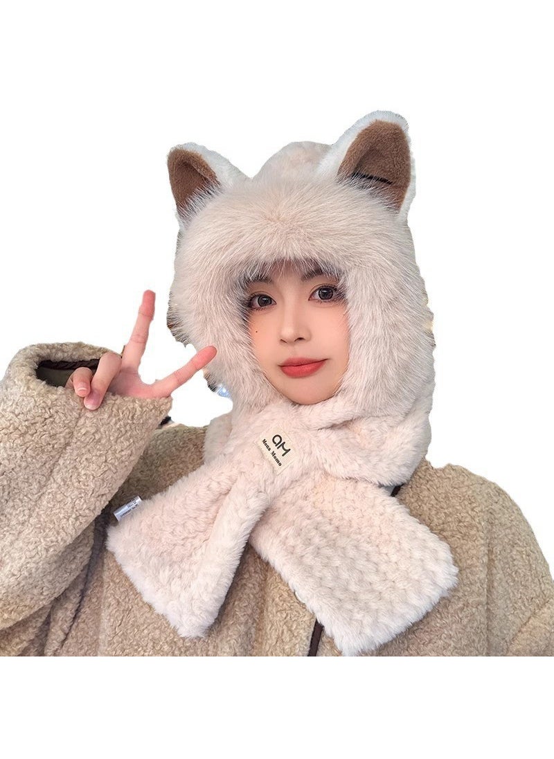 Generic - Hat Womens Winter Cute Fox Ears Plush Scarf One-piece Warm Thickened Neck Cold-proof Two-piece Set Off-white - Image 1