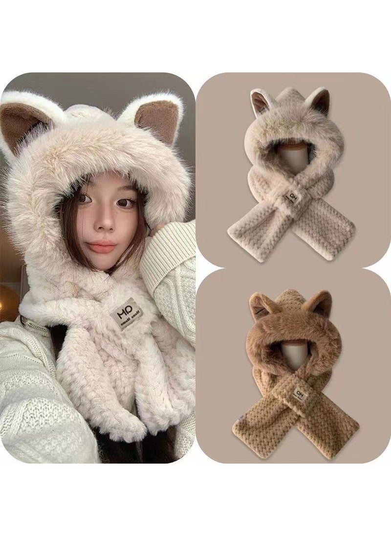 Generic - Hat Womens Winter Cute Fox Ears Plush Scarf One-piece Warm Thickened Neck Cold-proof Two-piece Set Off-white - Image 1