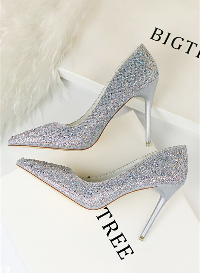 بيج تري أزياء السيدات أحذية عالية الكعب مع غرامة الماس 10cm فضي - Image 2