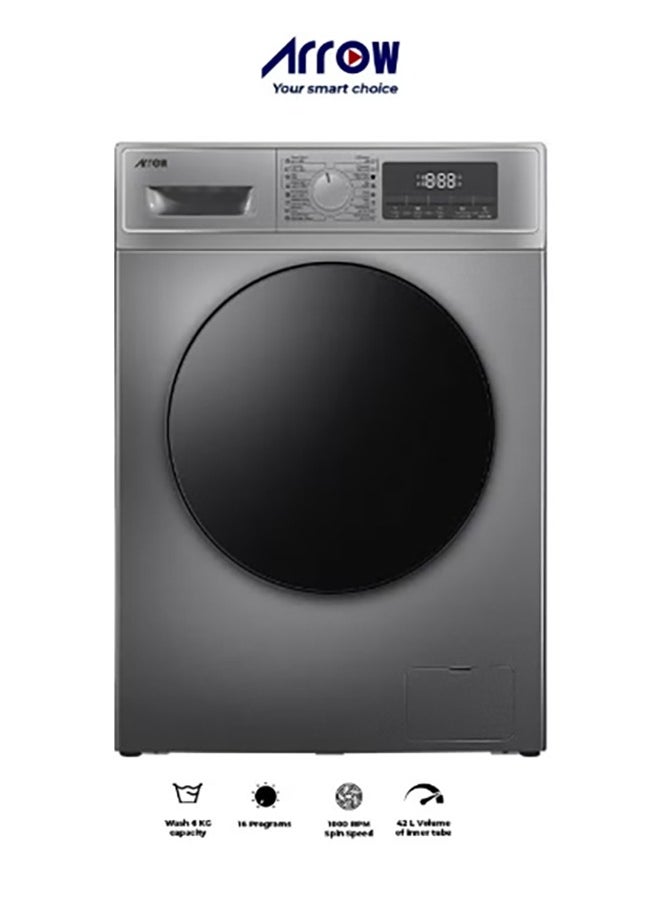Arrow - Front loading Automatic Washing Machine 6KG , 1000rpm Max. Spin Speed, 16 Programs, Dark Silver Color, Auto Balance System, Child Lock, Fault Check, LED Display, Universal Motor | RO-07FWTS - Image 1