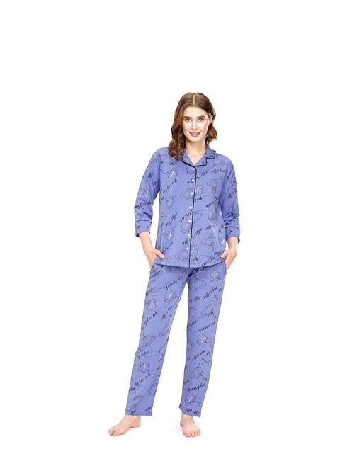 Night Suit for Women's Cup & Saucer Printed Cotton Night Dress of Shirt and Pajama Set
