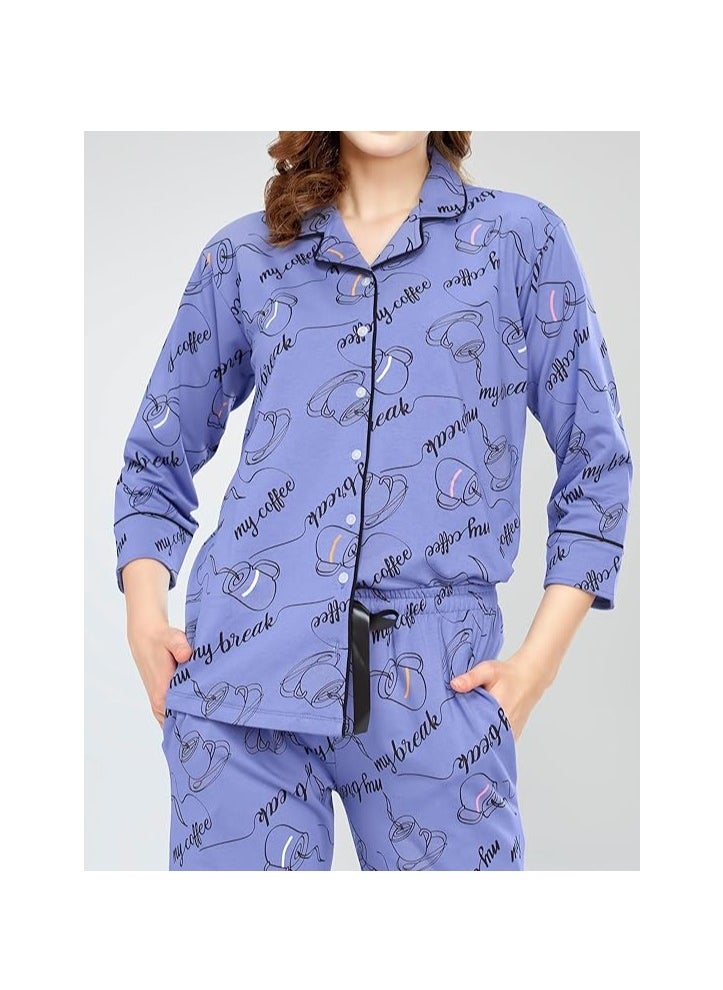 Night Suit for Women's Cup & Saucer Printed Cotton Night Dress of Shirt and Pajama Set