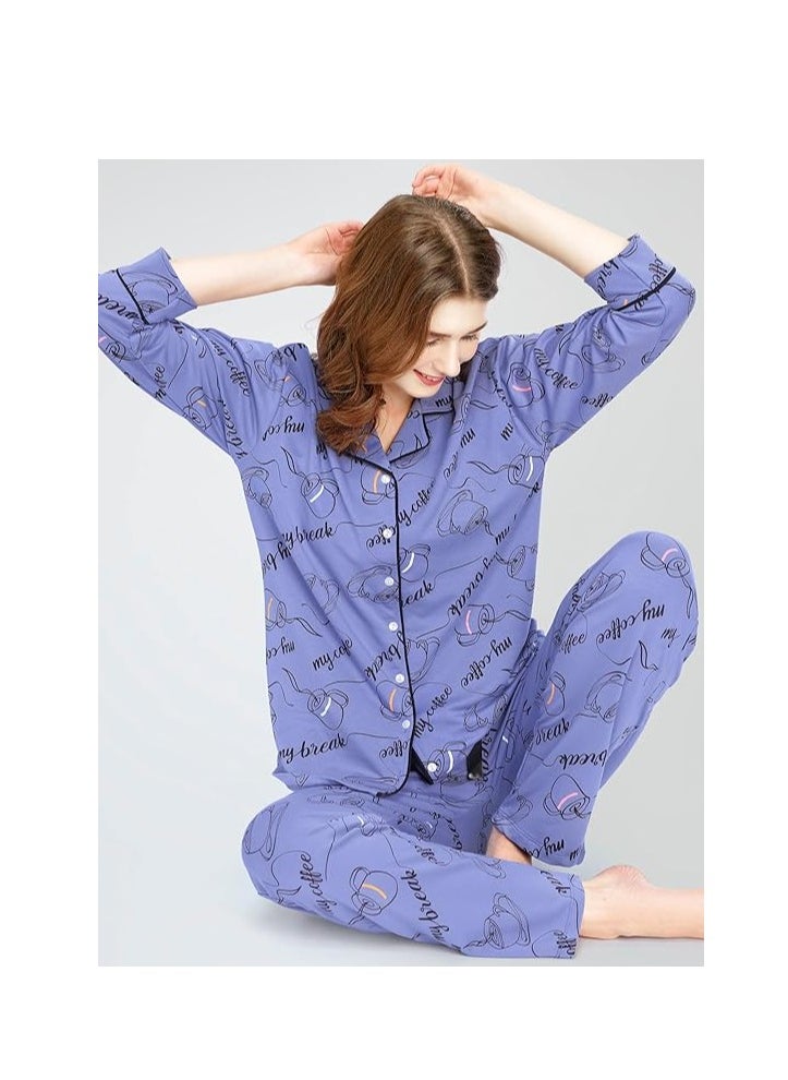 Night Suit for Women's Cup & Saucer Printed Cotton Night Dress of Shirt and Pajama Set