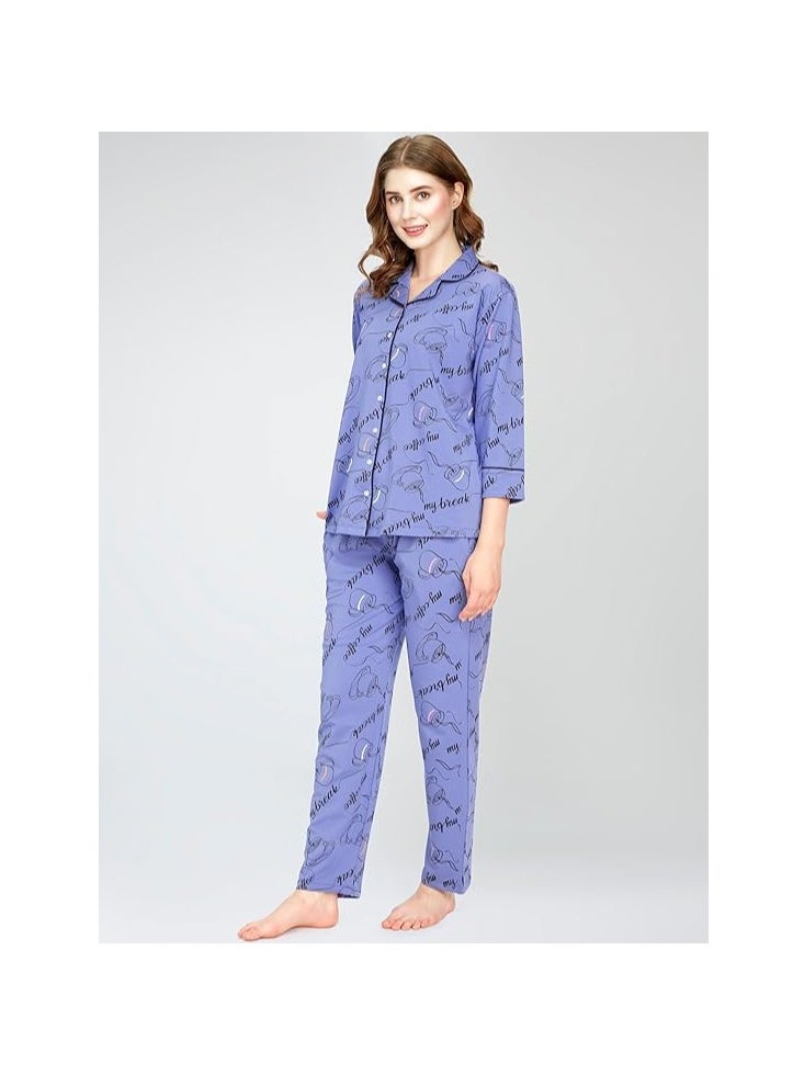 Night Suit for Women's Cup & Saucer Printed Cotton Night Dress of Shirt and Pajama Set