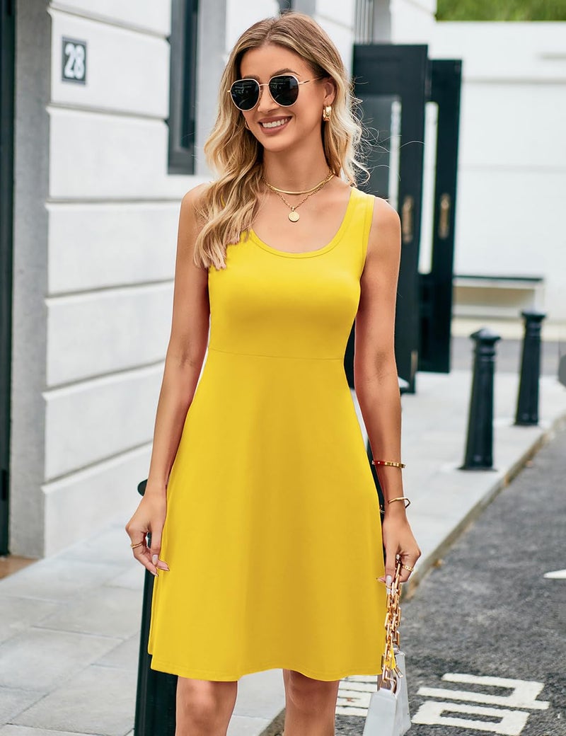 Herou Sleeveless Dresses for Women Casual Summer A line Flare Cotton Midi Sundress Yellow Large - Image 4