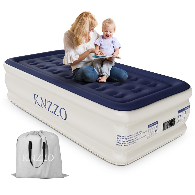 KNZZO Air Mattress Twin with Built-in Pump, Blow Up Mattress with Soft Flocked Top, Leakproof Inflatable Mattress, Foldable Waterproof Air Bed for Home, Guests, Camping, with Storage Bag - Image 1