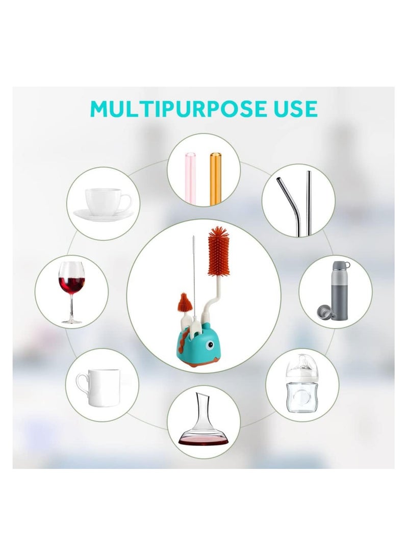 KASTWAVE مجموعة فرشاة زجاجة الأطفال، 4 في 1 فرشاة تنظيف زجاجة سيليكون ناعمة مع فرشاة حلمة ومنظف قشة وحامل، لتنظيف زجاجات المياه وزجاجات الأطفال والأكواب الزجاجية والحراريات - Image 5