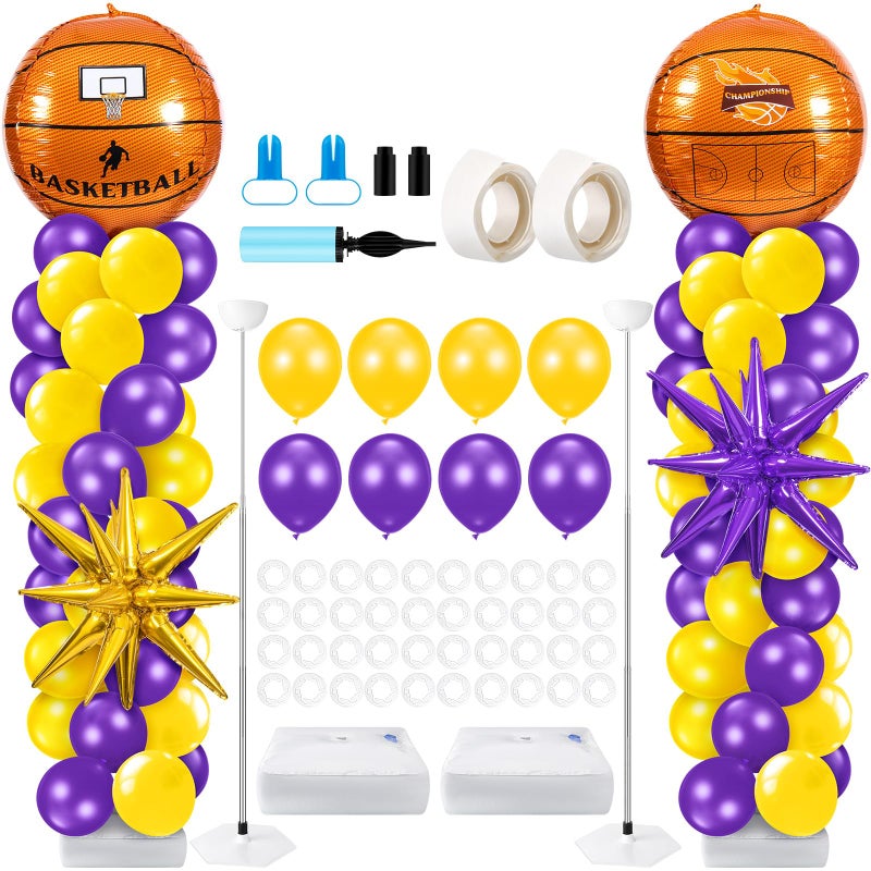 Kasyat 2 Sets Basketball Balloon Column Stand Kit with 4d Basketball Gold Purple Star Foil Balloons Purple and Yellow Arch Kit for Floor for Graduation Anniversary Decorations - Image 3