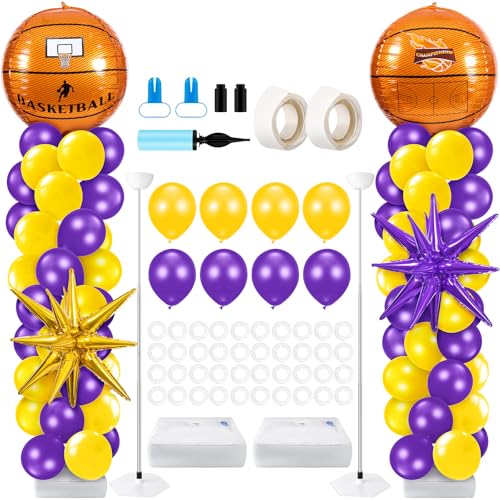 Kasyat 2 Sets Basketball Balloon Column Stand Kit with 4d Basketball Gold Purple Star Foil Balloons Purple and Yellow Arch Kit for Floor for Graduation Anniversary Decorations - Image 1