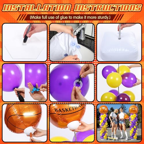Kasyat 2 Sets Basketball Balloon Column Stand Kit with 4d Basketball Gold Purple Star Foil Balloons Purple and Yellow Arch Kit for Floor for Graduation Anniversary Decorations - Image 5