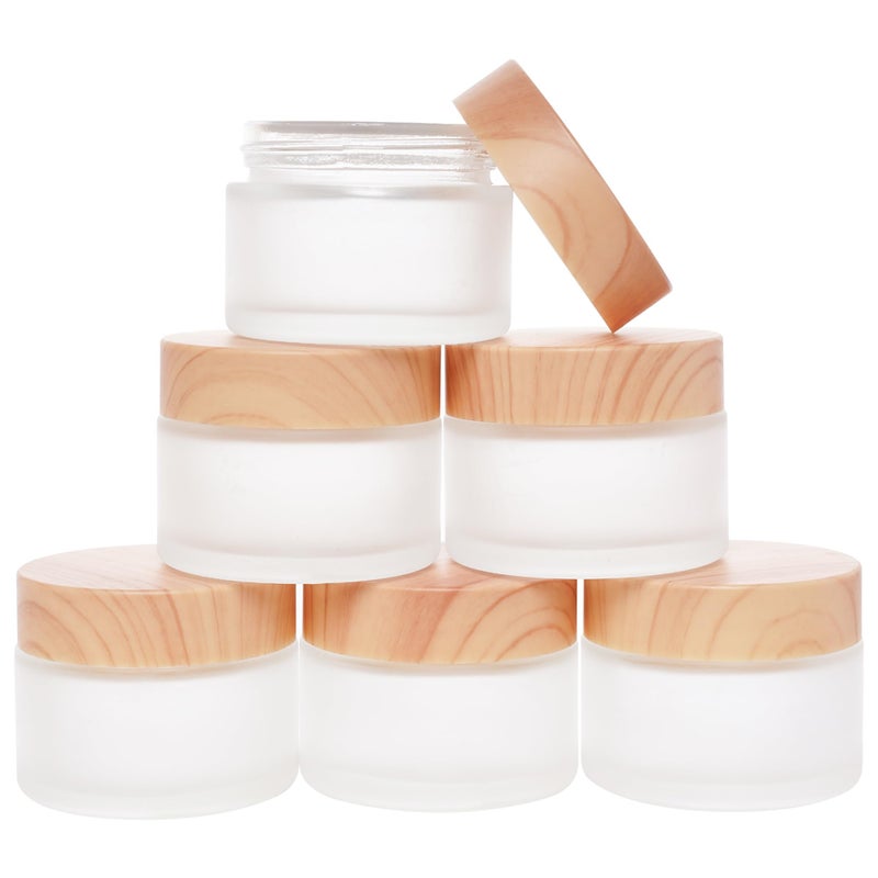 Miayon 6Pcs Glass Cosmetic Containers with Wood Grain Lid Refillable Cosmetic Jar Frosted Glass Cream Container with Leakproof Lid Empty Makeup Jar for LotionsCreamsScrub CreamHomeTravel30ml
