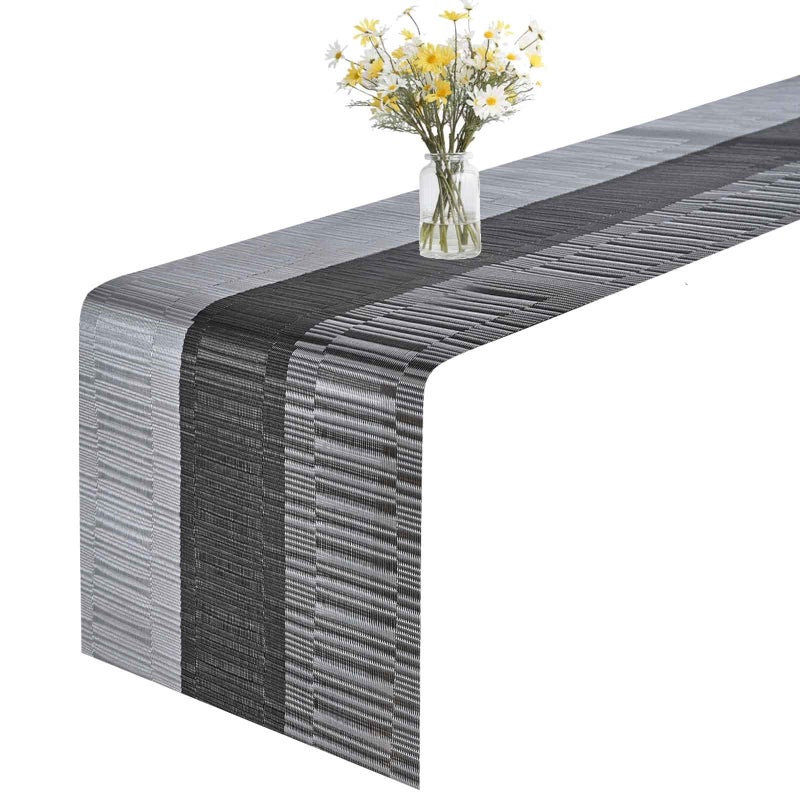 GIVERARE Table Runner, 12x53in Heat-Resistant Woven Vinyl Long Tabletop, Non-Slip Washable PVC Table Runners, Easy to Clean Premium Plastic Dresser Cover for Wedding, Decor, Home, Art (Black+Silver) - Image 1