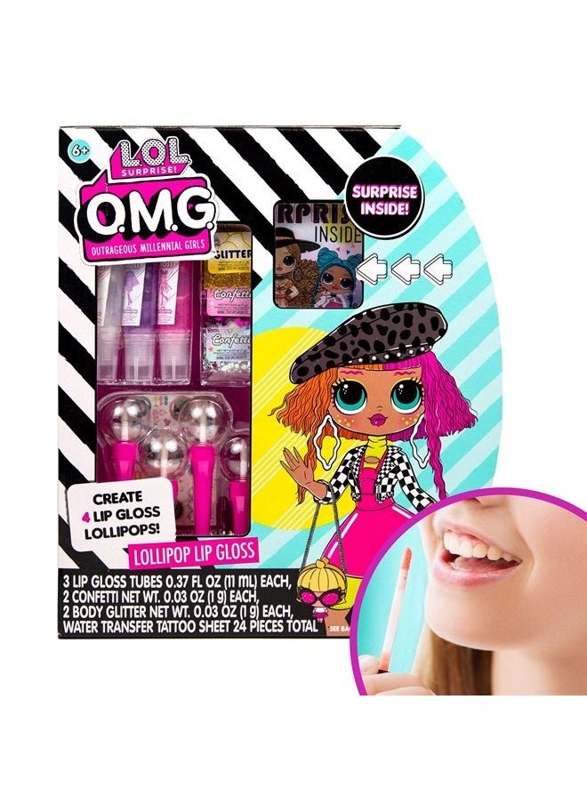 L.O.L. SURPRISE! Horizon Group USA L.O.L. Surprise! O.M.G. Lollipop Lip Gloss, Create 4 LOL Surprise Lip Glosses, Includes 4 Lip Gloss Containers, 3 Fun Flavors, Confetti, Surprise Temporary Tattoos & More  - Image 1