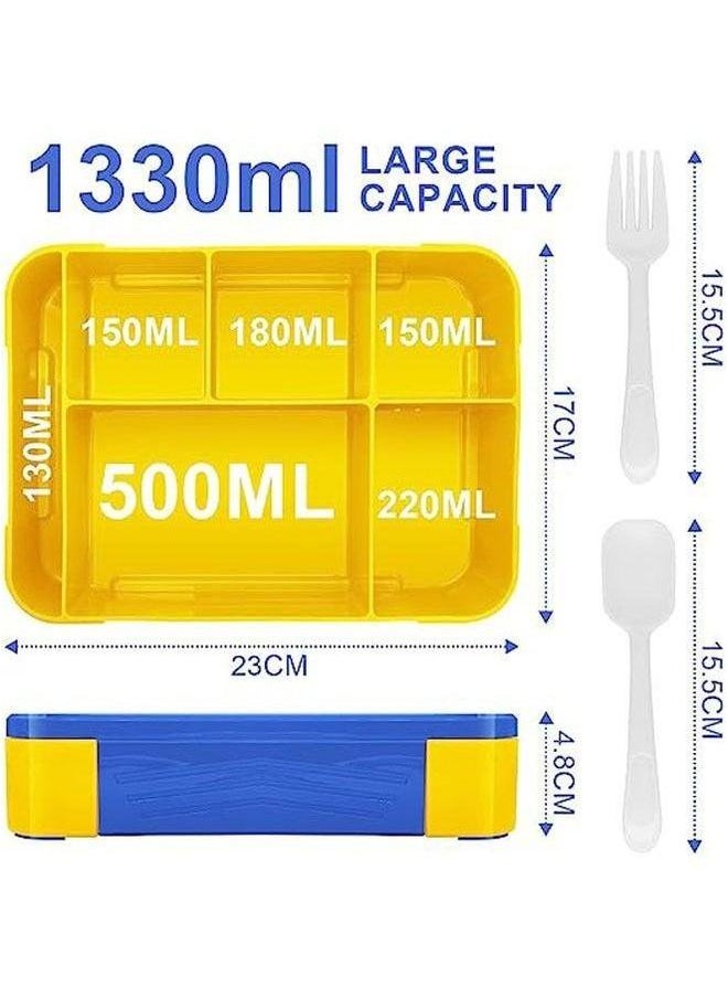 HOMESTAR - Lunch Box 1330 ml, Bento Leak-Proof Airtight with 5 Compartments Cutlery Set, for Microwave Dishwashers, Adults and Children plastic blue yellow 23x17x4.8 cm - Image 1