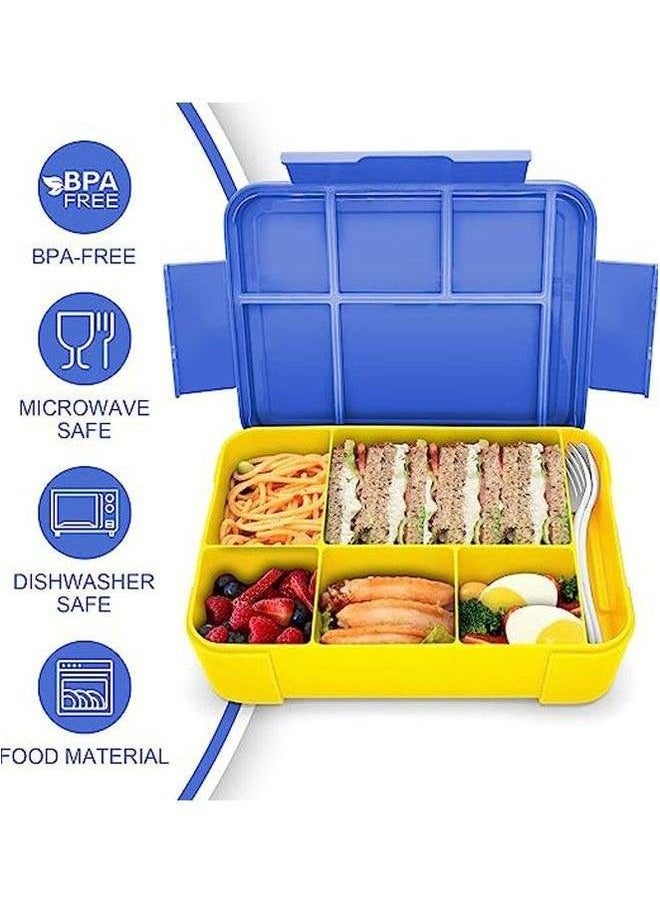HOMESTAR - Lunch Box 1330 ml, Bento Leak-Proof Airtight with 5 Compartments Cutlery Set, for Microwave Dishwashers, Adults and Children plastic blue yellow 23x17x4.8 cm - Image 1